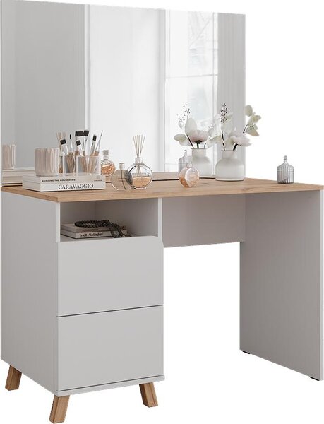 Tavolo da toeletta Vicco Karen Bianco/Rovere artigianale 110 cm con specchio, Model 56528