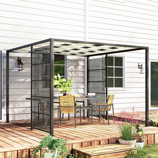Pergola Gazebo da Giardino 295x295x210 cm Copertura Ondulata e Pannelli Laterali in Metallo Nero