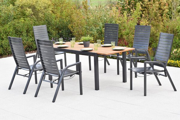 Set di mobili da giardino Merxx Siros, 7 pezzi, 6 poltrone regolabili tramite molla a gas, tavolo allungabile 150 (200) x 90 cm - Acacia/Alluminio