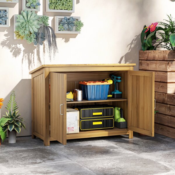 Armadio Porta Attrezzi da Esterno 110x50x85 cm con 2 Ante e Ripiani in Legno