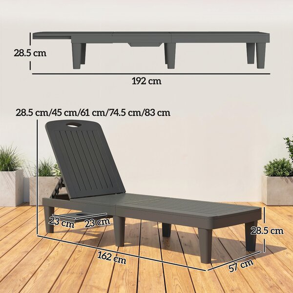 Outsunny Set di 2 lettini da giardino in plastica PP con vassoio laterale, reclinabili in 5 posizioni, grigio | Aosom Italy