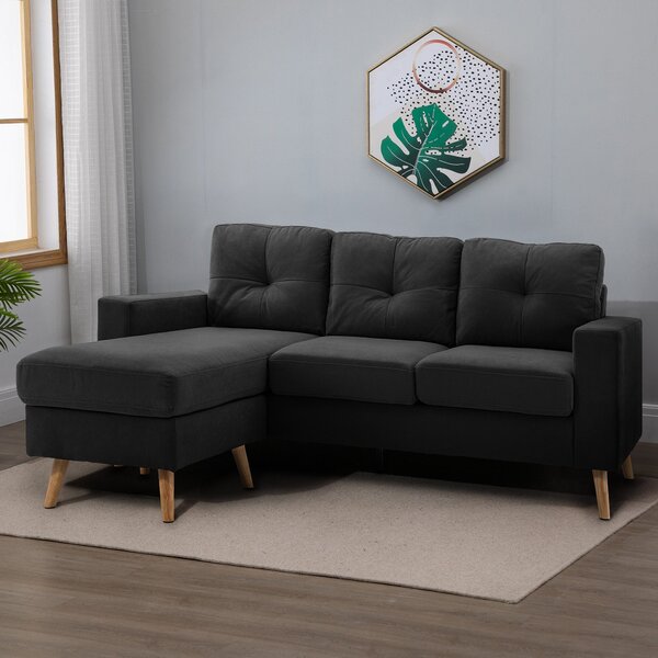 Divano 3 Posti ad Angolo 193x136x85 cm con Penisola Reversibile in Tessuto Effetto Lino Nero