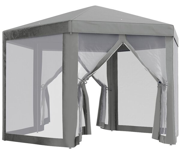 Gazebo da Giardino Esagonale 390x390x250 cm con Doppio Ingresso in Metallo e Poliestere Grigio