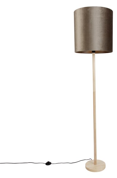 Lampada da terra in legno con paralume in velluto color talpa 40 cm - Mels