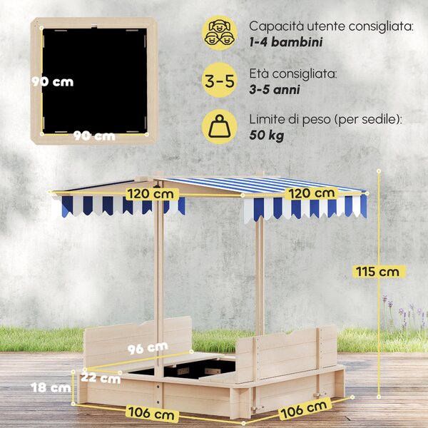 Outsunny Sabbiera per Bambini in Legno con Tettuccio Parasole, Panca e Coperchio, 106x106x121cm Bianco e Blu