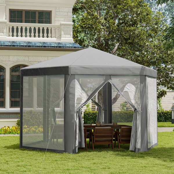 Gazebo da Giardino Esagonale 390x390x250 cm con Doppio Ingresso in Metallo e Poliestere Grigio