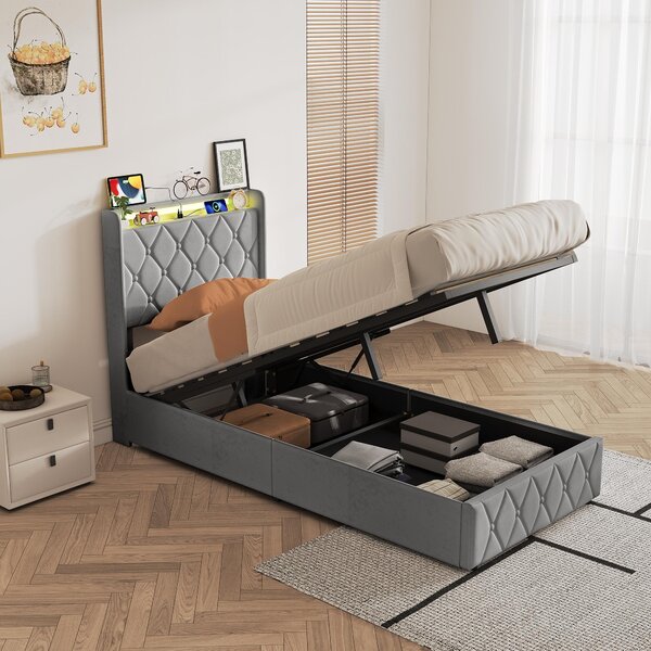 Letto imbottito REMZETTA, 90x200 cm, singola, con cassettone a pistoni, LED RGB, porta USB-C, testiera con vano portaoggetti, rivestito in velluto, colore grigio