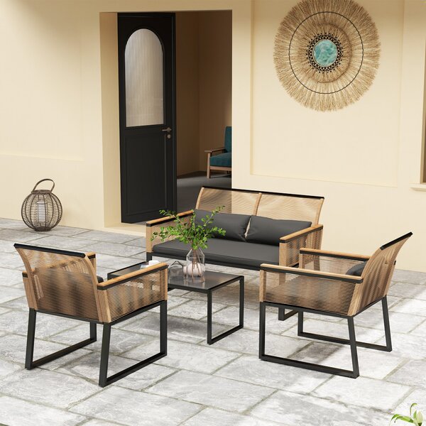 Set 4 Pezzi da Esterno Divano 2 Poltrone e Tavolino Top in Vetro in Rattan PE Nero