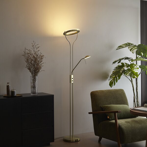 Lampada da terra moderna oro con braccio da lettura incl. LED e dimmer - Divo