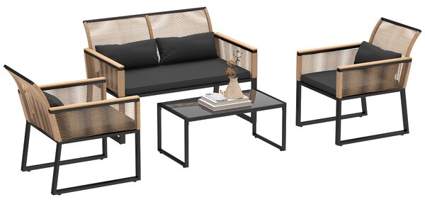 Set 4 Pezzi da Esterno Divano 2 Poltrone e Tavolino Top in Vetro in Rattan PE Nero