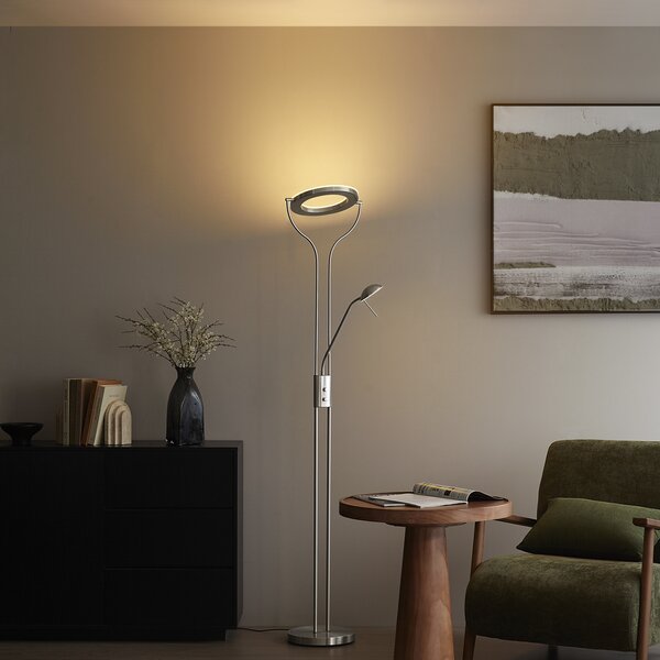 Lampada da terra moderna in acciaio con braccio di lettura con LED e dimmer - Divo