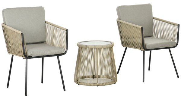 Set da Giardino 2 Sedie in Stile Boho e Tavolino in Vetro in Rattan Caffè