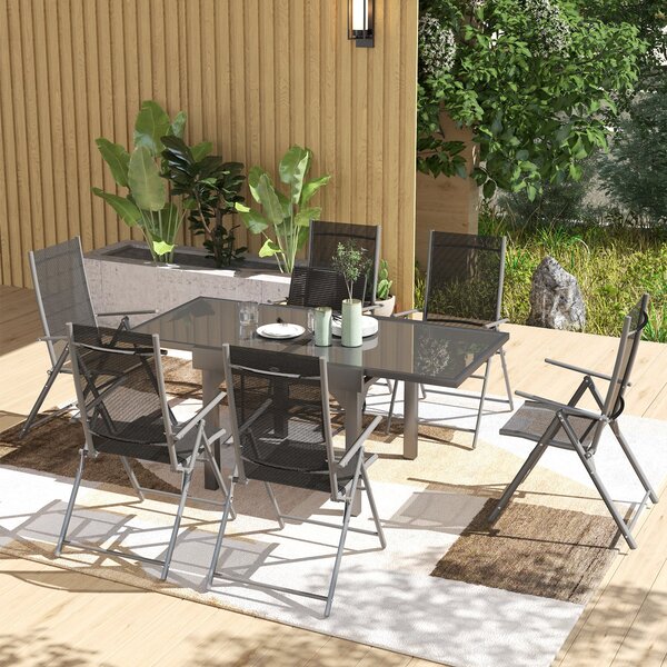 Set da Giardino con Tavolo Allungabile in Vetro e 6 Sedie Pieghevoli in Acciaio e Textilene Grigio
