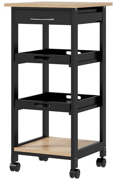 HOMCOM Carrello di servizio da cucina a ruote con 2 ripiani rimovibili, cassetto, scaffale rovere chiaro legno di pino nero