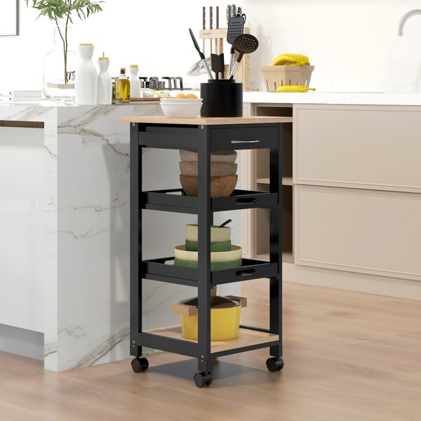 HOMCOM Carrello di servizio da cucina a ruote con 2 ripiani rimovibili, cassetto, scaffale rovere chiaro legno di pino nero