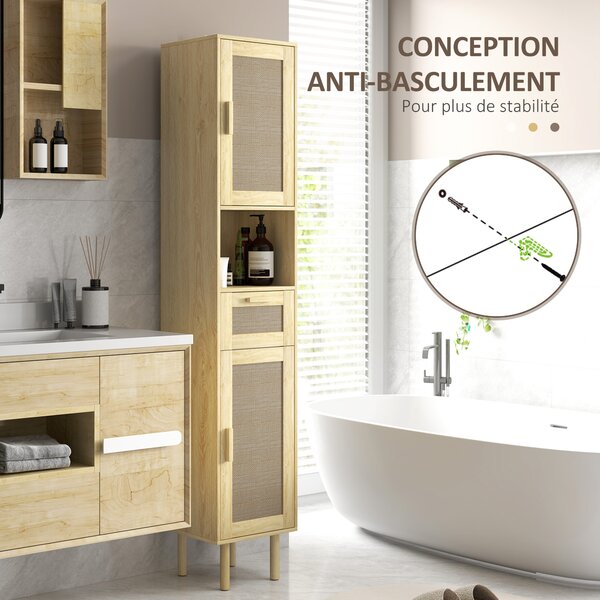 HOMCOM Mobiletto bagno colonna stoccaggio bagno con porte in rattan cassetto 2 armadi 32 x 30 x 170 cm rovere