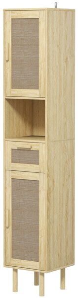 HOMCOM Mobiletto bagno colonna stoccaggio bagno con porte in rattan cassetto 2 armadi 32 x 30 x 170 cm rovere