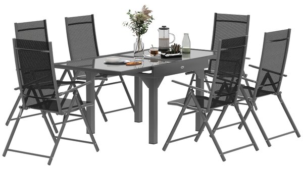 Set da Giardino con Tavolo Allungabile in Vetro e 6 Sedie Pieghevoli in Acciaio e Textilene Grigio