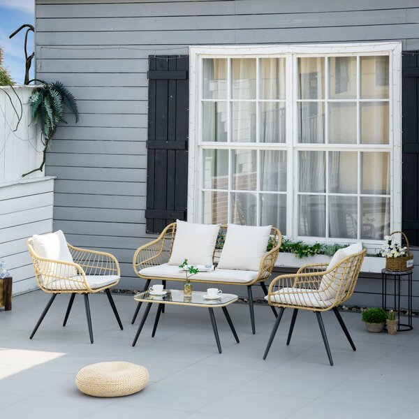 Set 4 Pezzi da Esterno 2 Sedie Divano 2 Posti e Tavolino con Piano in Vetro in Rattan PE Naturale e Crema