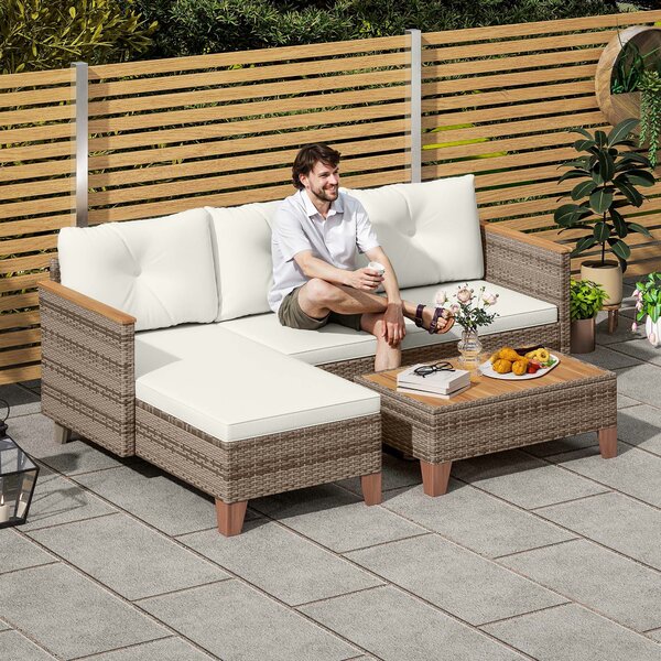 Set Salotto da Giardino Divano 2 Posti con Chaise Longue e Tavolino in Rattan PE Crema