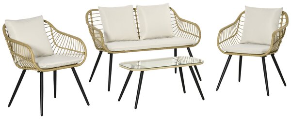 Set 4 Pezzi da Esterno 2 Sedie Divano 2 Posti e Tavolino con Piano in Vetro in Rattan PE Naturale e Crema