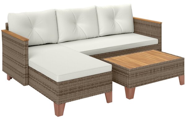 Set Salotto da Giardino Divano 2 Posti con Chaise Longue e Tavolino in Rattan PE Crema