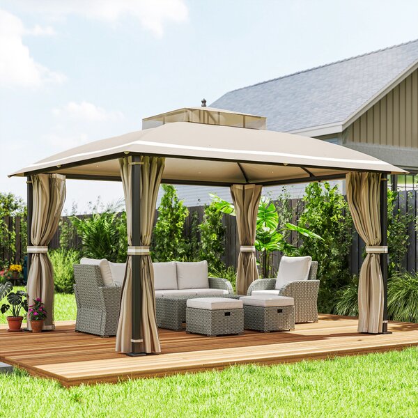 Gazebo da Giardino 370x303x290 cm Tende Laterali e Zanzariere Beige