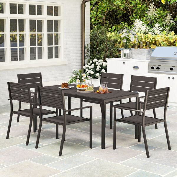 Set da Giardino con Tavolo da Pranzo Rettangolare e 6 Sedie Impilabili Marrone