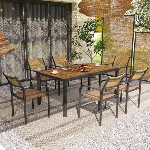 Set da Giardino con Tavolo da Pranzo Allungabile e 6 Sedie Impilabili in Acciaio e Textilene Marrone
