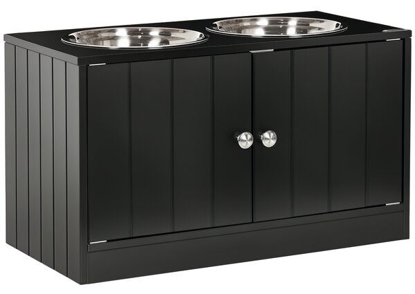 PawHut Ciotola per Cani Rialzata con Vano Contenitore, 2 Ciotole in Acciaio Inox Rimovibili, 60x30x35.5cm, Nero|Aosom