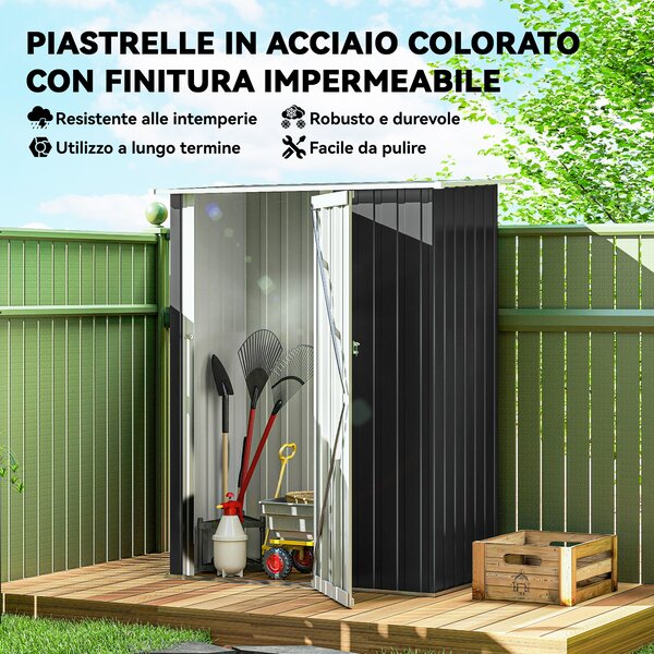 Outsunny Casetta da Giardino con tetto inclinato, Porta Attrezzi Capanno in Acciaio Impermeabile, 142x84x189 cm, Grigio | Aosom Italy