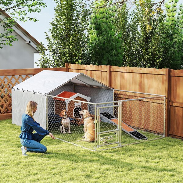 Recinto per Cani Taglia Media e Grande fino a 3 kg 400x230x150 cm Porta Ciotole Girevole Argento