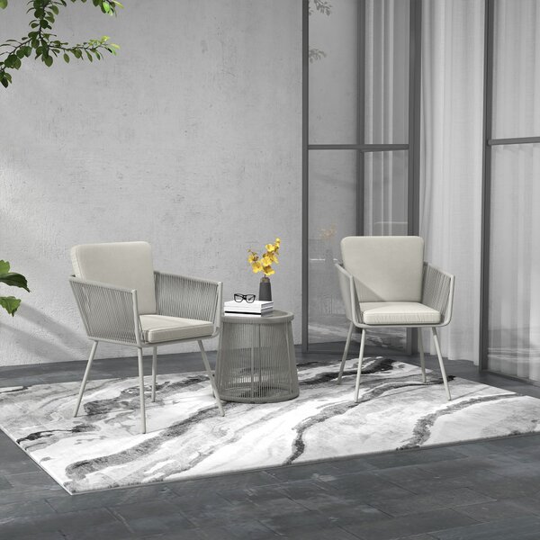Set da Giardino 2 Sedie in Stile Boho e Tavolino in Vetro in Rattan Grigio Chiaro