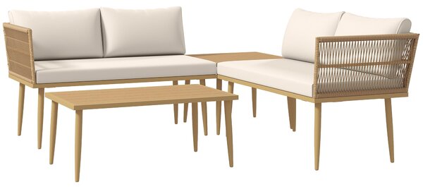 Set 4 Pezzi da Esterno 2 Divani con Cuscini e 2 Tavolini in Rattan PE Colore Legno