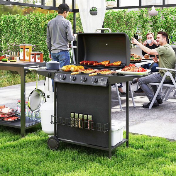 Barbecue a Gas con 4+1 Bruciatori Indipendenti 121x54x97 cm Coperchio con Termometro Nero