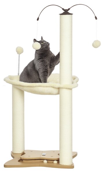 PawHut Albero Tiragraffi per Gatti max 5kg con Amaca, Palline da Gioco e Pali in Sisal, Torre per Gatti in MDF e Peluche, 53.5x53.5x90 cm, Beige|Aosom