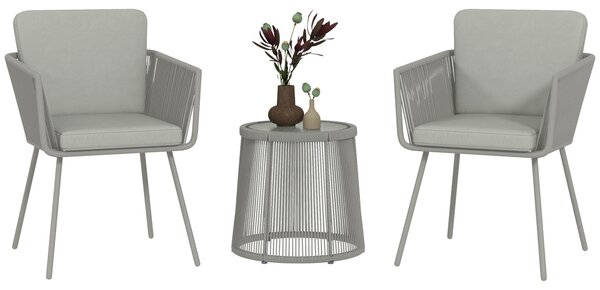 Set da Giardino 2 Sedie in Stile Boho e Tavolino in Vetro in Rattan Grigio Chiaro