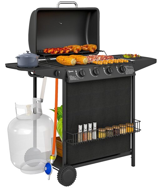Barbecue a Gas con 4+1 Bruciatori Indipendenti 121x54x97 cm Coperchio con Termometro Nero