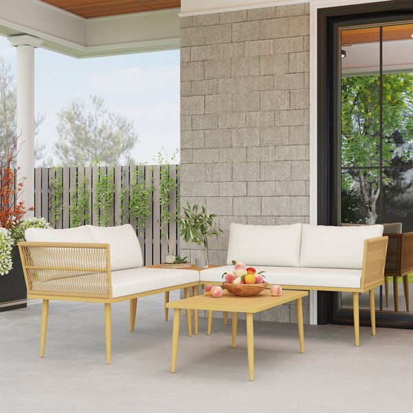 Set 4 Pezzi da Esterno 2 Divani con Cuscini e 2 Tavolini in Rattan PE Colore Legno