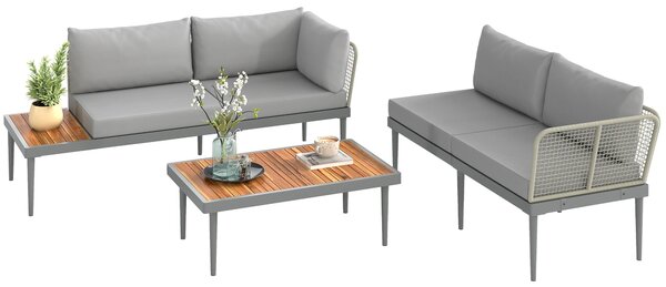 Set Salotto da Giardino 2 Divani e Tavolino Basso a Doghe in Rattan e Acciaio Grigio e color Legno