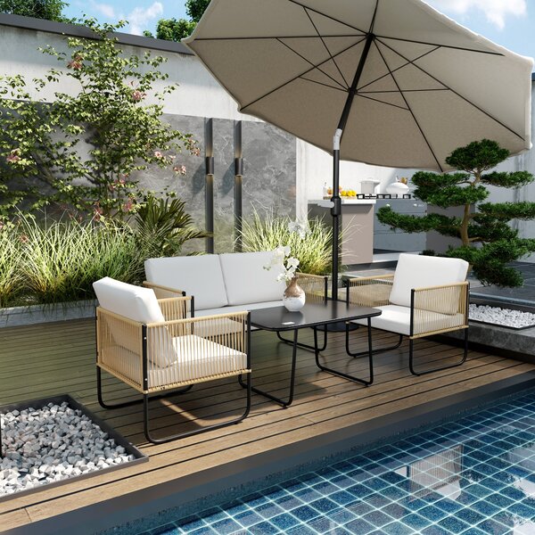 Set 4 Pezzi da Esterno Divanetto 2 Poltrone e Tavolino Basso con Piano in Vetro in Rattan Bianco Crema