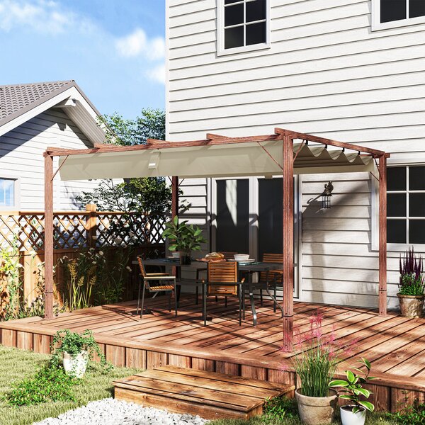 Gazebo Pergola da Giardino 382x300x232 cm con Tetto Retrattile in Poliestere e Alluminio color Legno