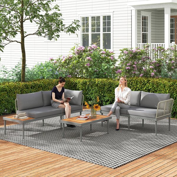 Set Salotto da Giardino 2 Divani e Tavolino Basso a Doghe in Rattan e Acciaio Grigio e color Legno