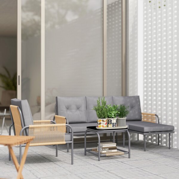 Set Salotto da Giardino Divano con Chaise Longue Poltrona e Tavolino in Rattan Grigio
