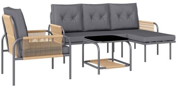 Set Salotto da Giardino Divano con Chaise Longue Poltrona e Tavolino in Rattan Grigio