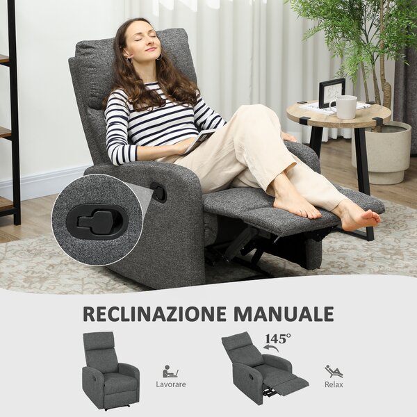 HOMCOM Poltrona Moderna con Reclinazione Manuale 145° max Rivestita in Ciniglia Grigia, 69x91x101 cm | Aosom Italy