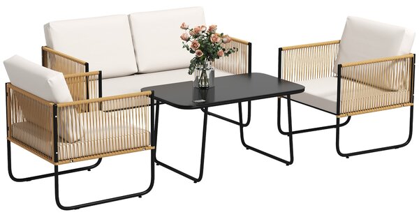 Set 4 Pezzi da Esterno Divanetto 2 Poltrone e Tavolino Basso con Piano in Vetro in Rattan Bianco Crema