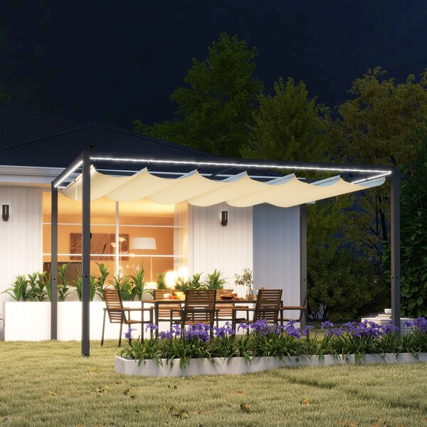 Gazebo Pergola da Giardino 400x300x230 cm Tetto Retrattile con Luci LED e Fori di Drenaggio Bianco Crema
