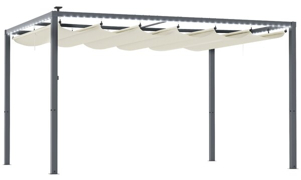 Gazebo Pergola da Giardino 400x300x230 cm Tetto Retrattile con Luci LED e Fori di Drenaggio Bianco Crema