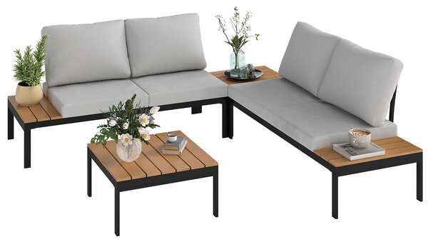 Set Salotto da Giardino Modulabile 2 Divanetti e 2 Tavolini in Metallo e Legno Composito Grigio Nero e Teak